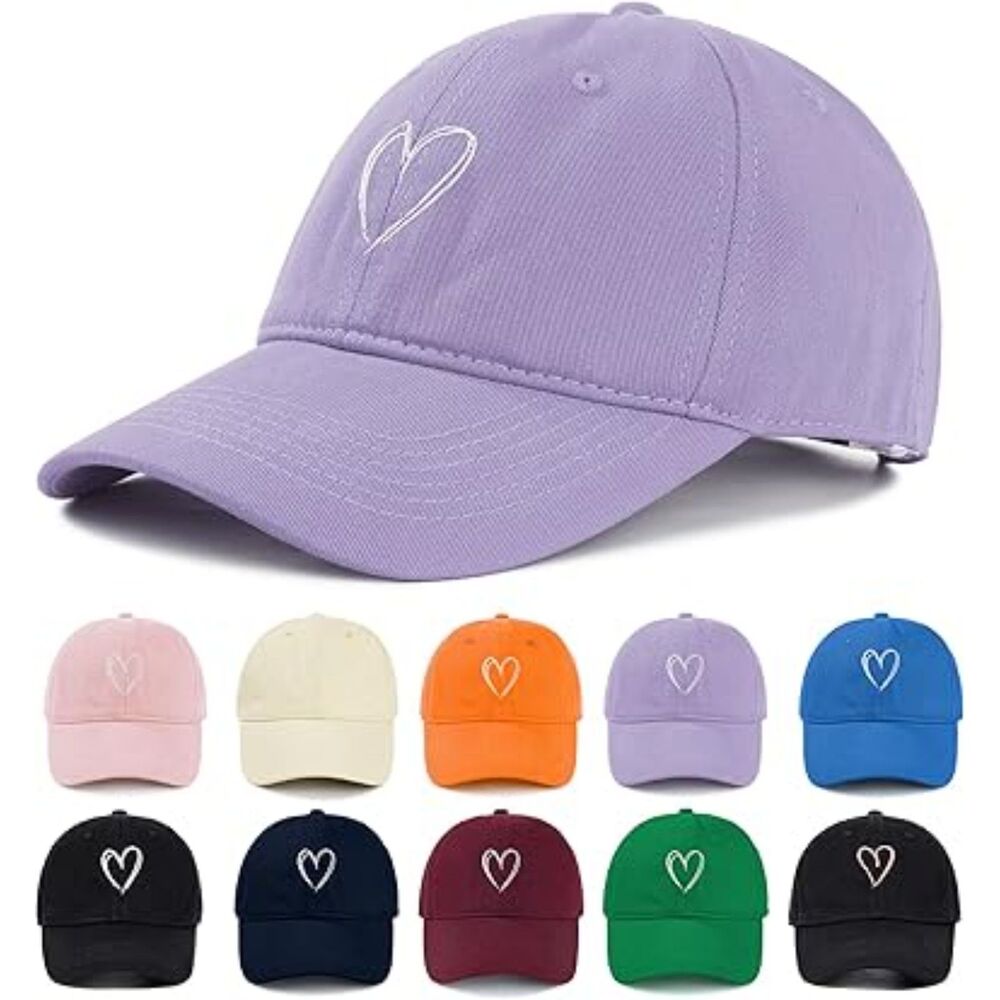 Unisex Purple White Heart 100% Cotton Adjustable Size Classic Baseball Caps